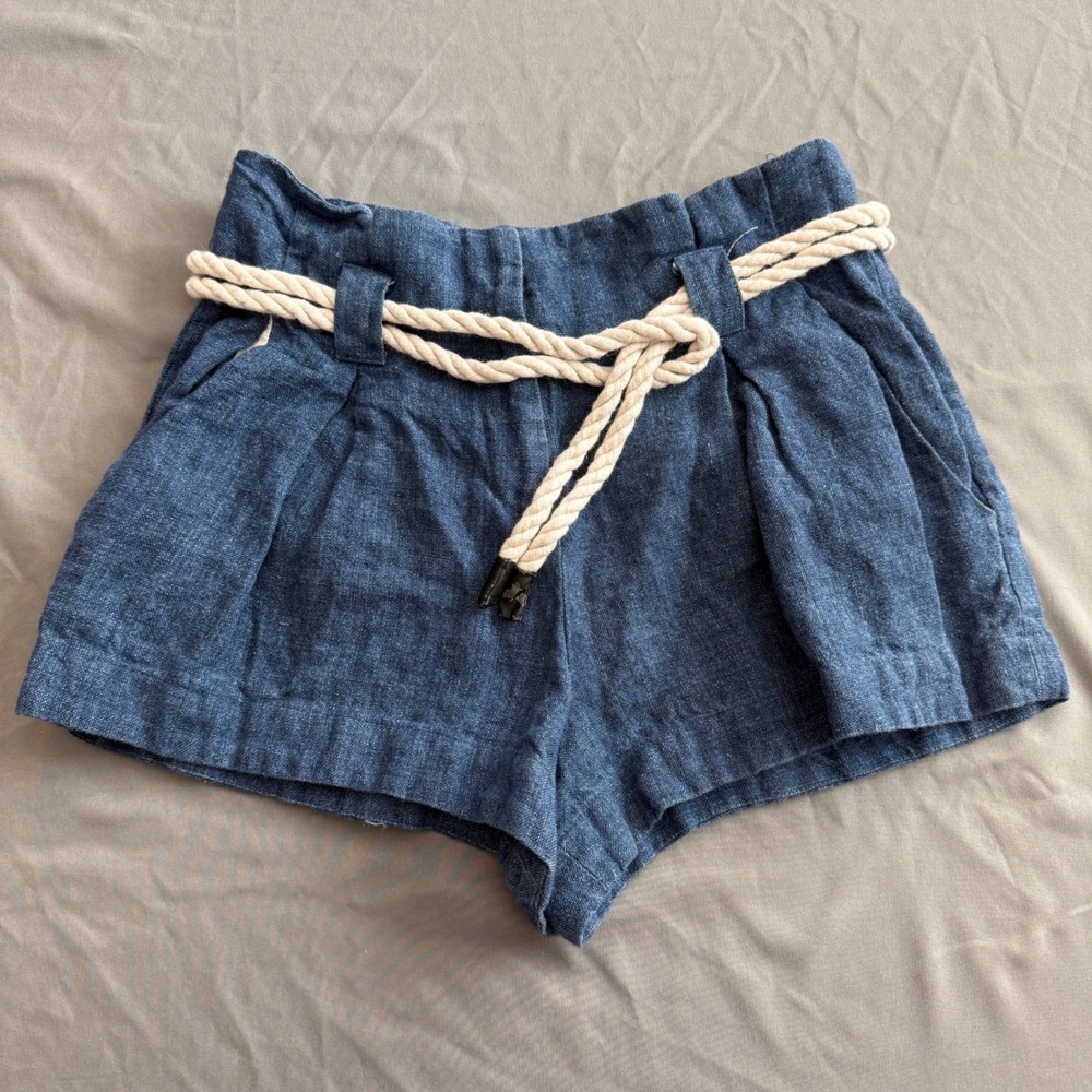 L'AGENCE Linen Shorts Womens 0 Blue High Rise Rope Belt Pleated Italian Fabric
